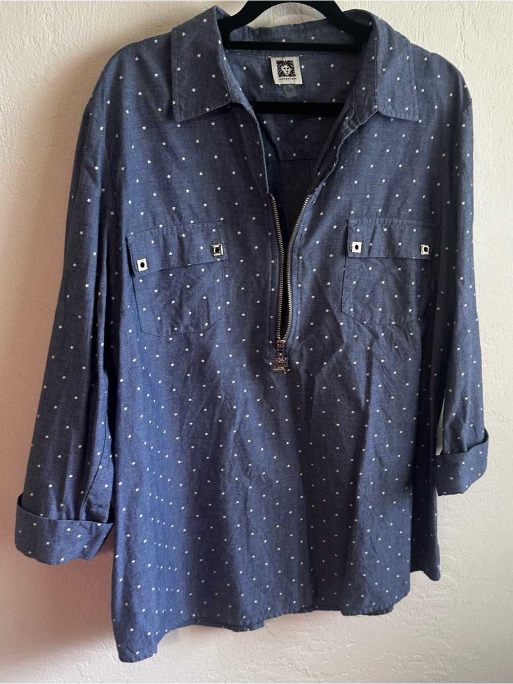 Anne Klein Navy Blue Polka Dot Zip-Front Tunic